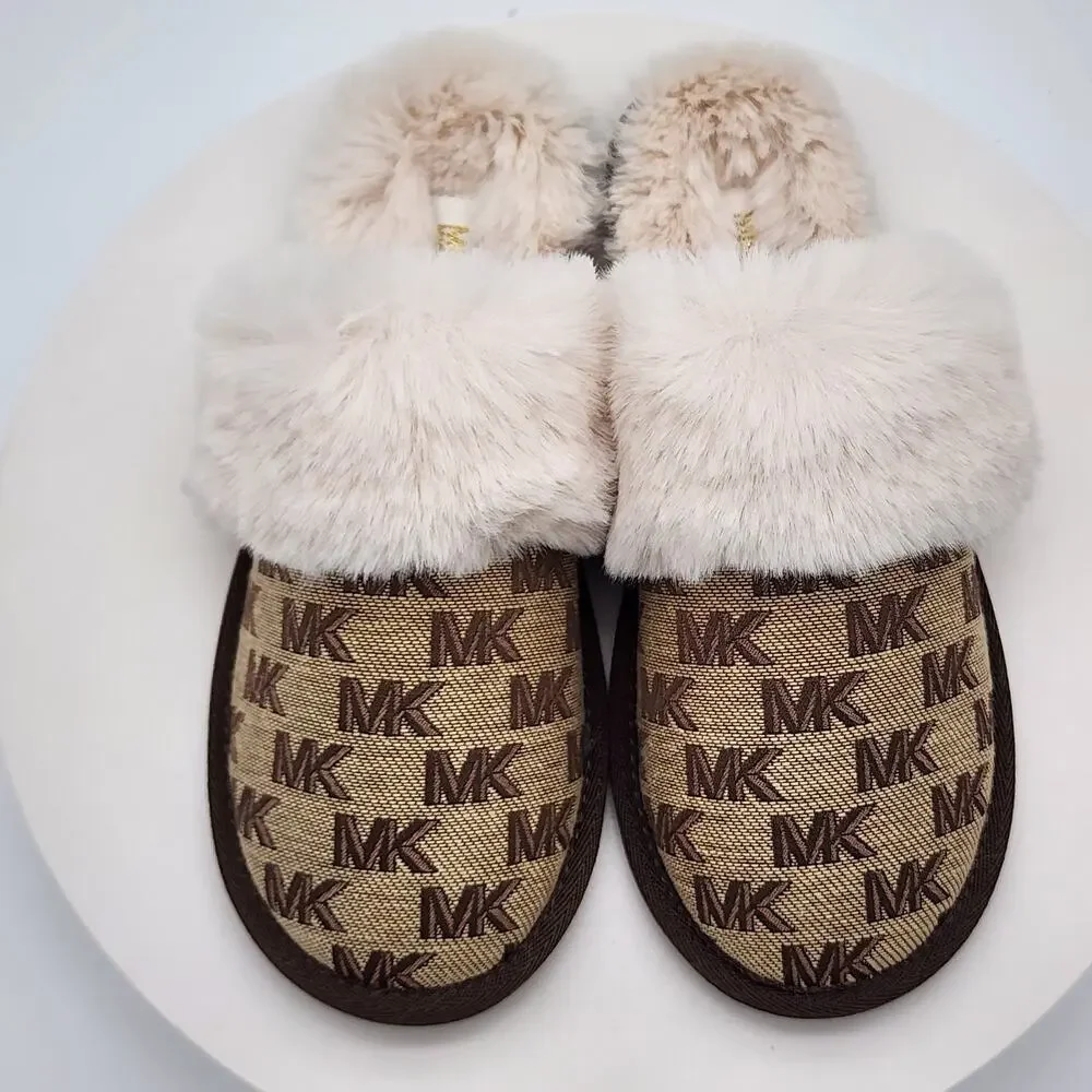 NEW - Michael Kors Tula Scuff Women's Faux Fur Logo Slide House Shoes - Size 6